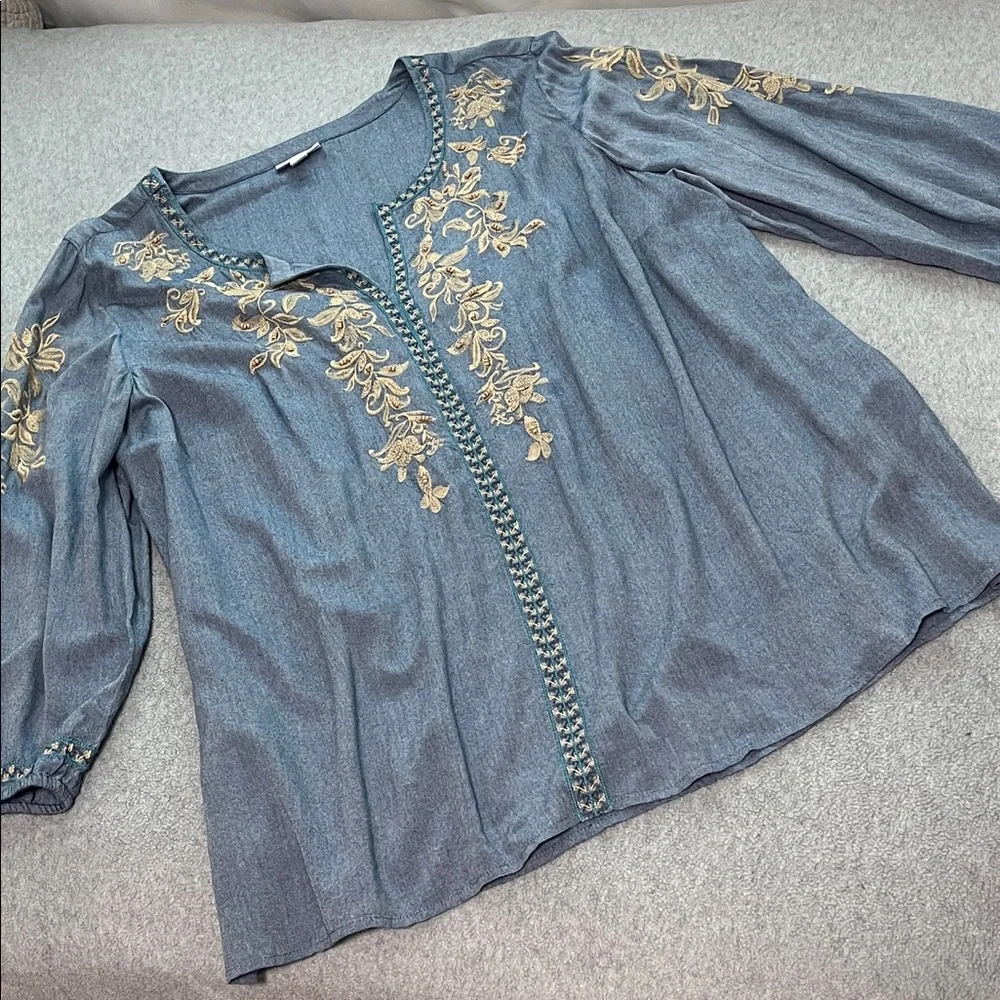 J. Jill Embroidered Tunic Top 2X Boho Coastal Casual Mature Essential - Picture 2 of 10